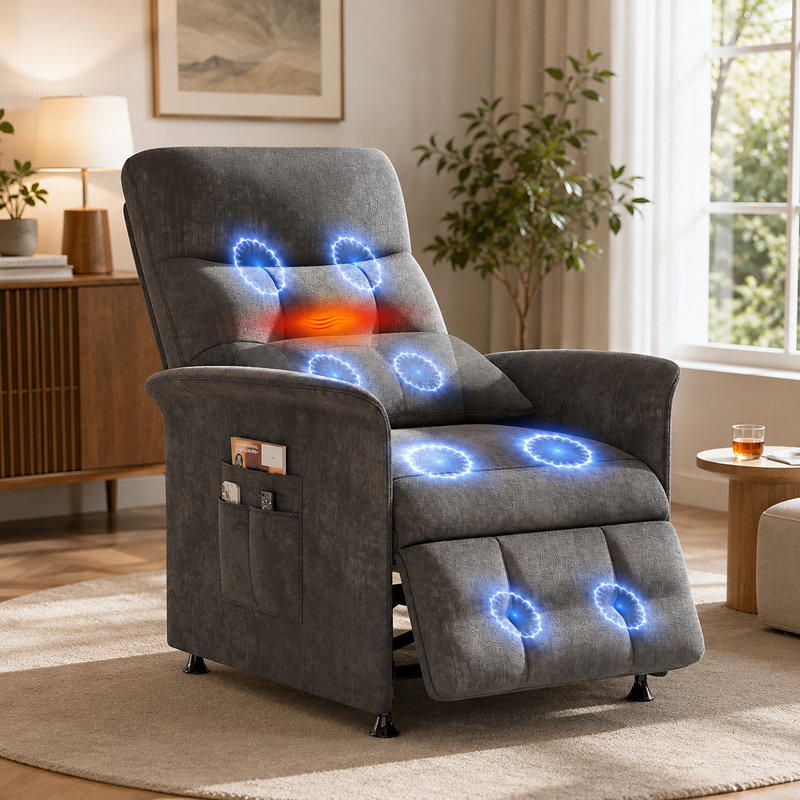 32"W Power Recliner Chair with Heat & Massage, Reclining Sofa with Remote Control and 3 Side Pockets, Easy Assembly Sleeper for Living Room