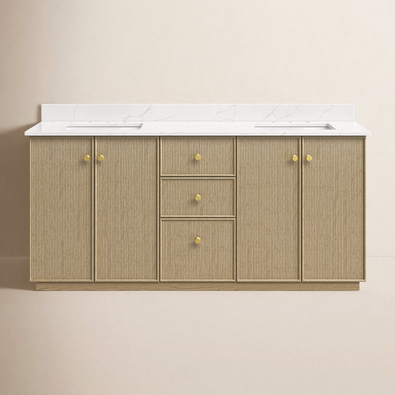 Amella 72'' Free Standing Double Bathroom Vanity with Quartz Top, Natural Oak
