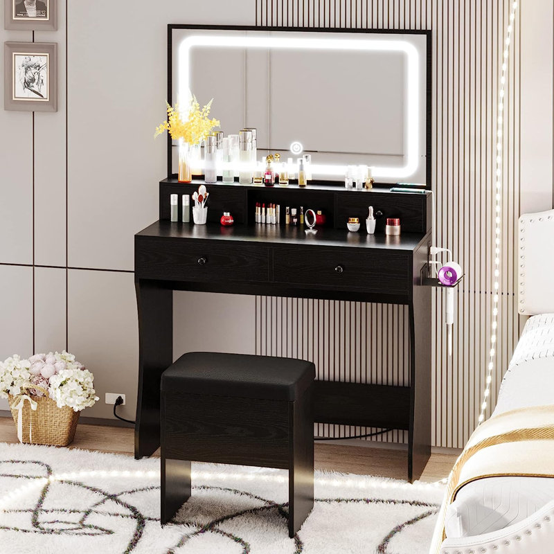 Kathryne Vanity with Large LED Mirror, 4 Different Sizes Drawers and Extra Riser Stand, Makeup Table with Outlets for Bedroom