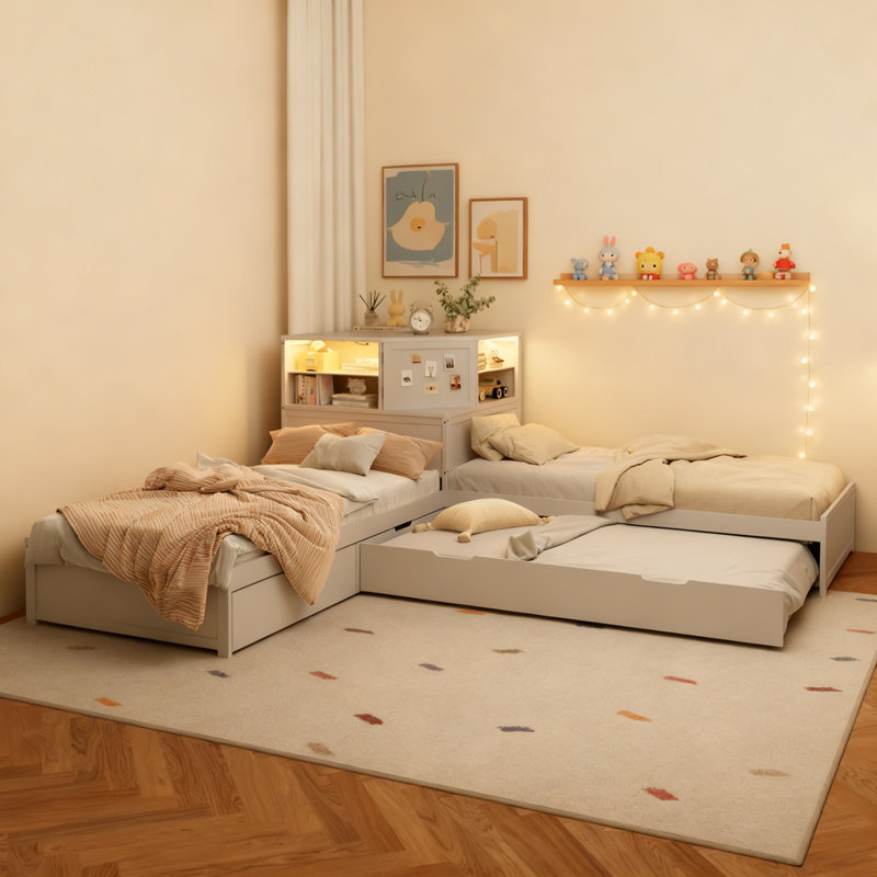 L-Shaped 3-in-1 Twin Bed Frame with Trundle, Storage Drawer & Built-in Desk, White