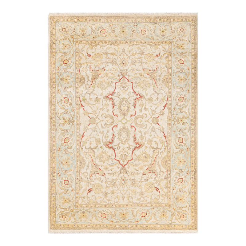 Tapis beige / ivoire noué à la main de conception unique 6 pi x 8 pi 9 po Shafiya