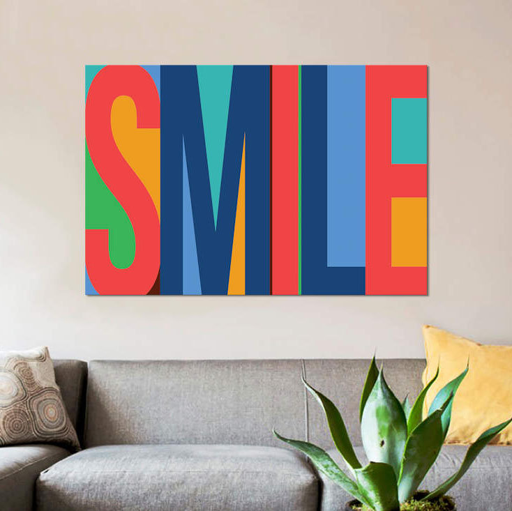 « sourire », art textuel sur toile, H 26 po x l 40 po x P 1,5 po