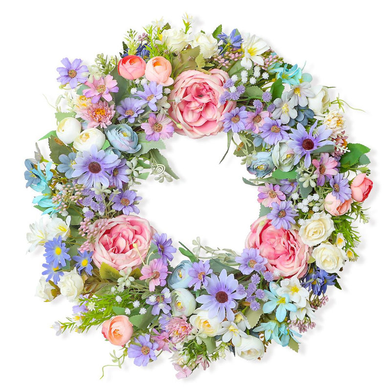 Couronne estivale pastel multicolore 17,7 "avec roses roses et fleurs sauvages - décoration florale lumineuse