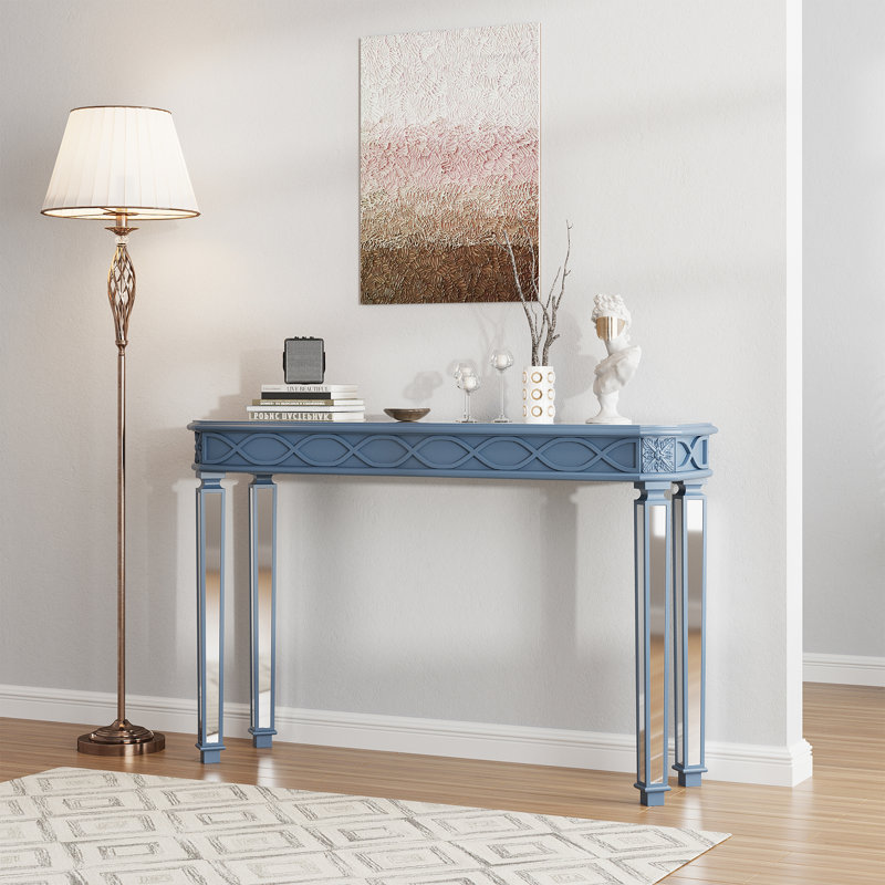 Console Mid-Century avec miroir en bois massif, Bleu