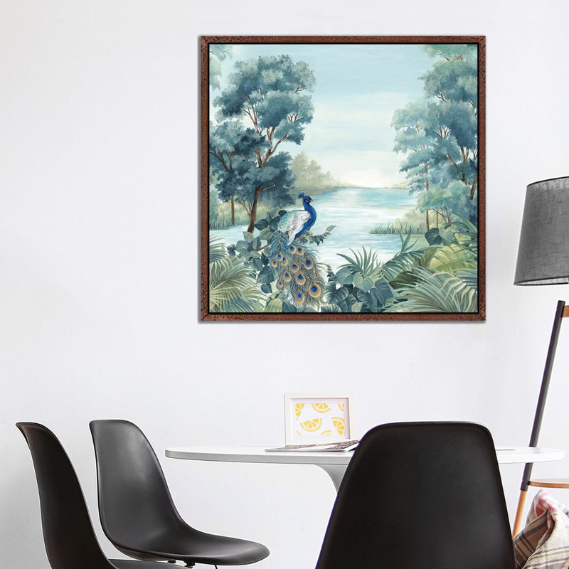 Peafowl 1 Piece Painting on Canvas, 93.98cm H x 93.98cm W x 3.81cm D, Classic Brown Wood Framed