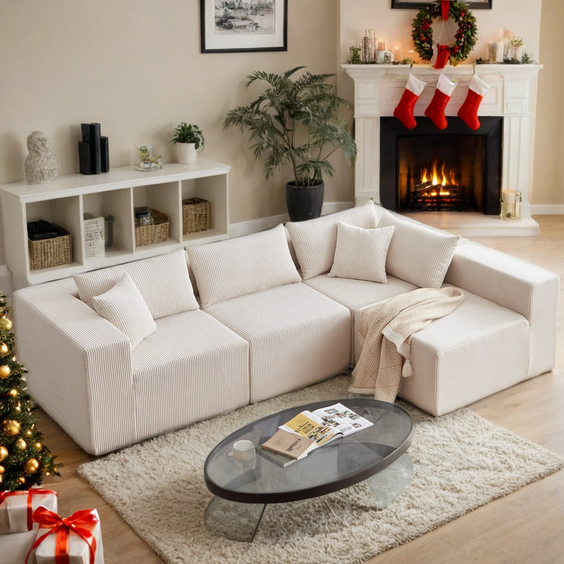 Canapé modulaire rembourré en L 104 po Corduroy, Tissu beige