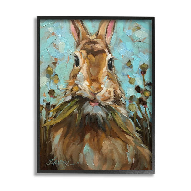 Wildlife Rabbit Eating Grass Print on Canvas with Black Frame