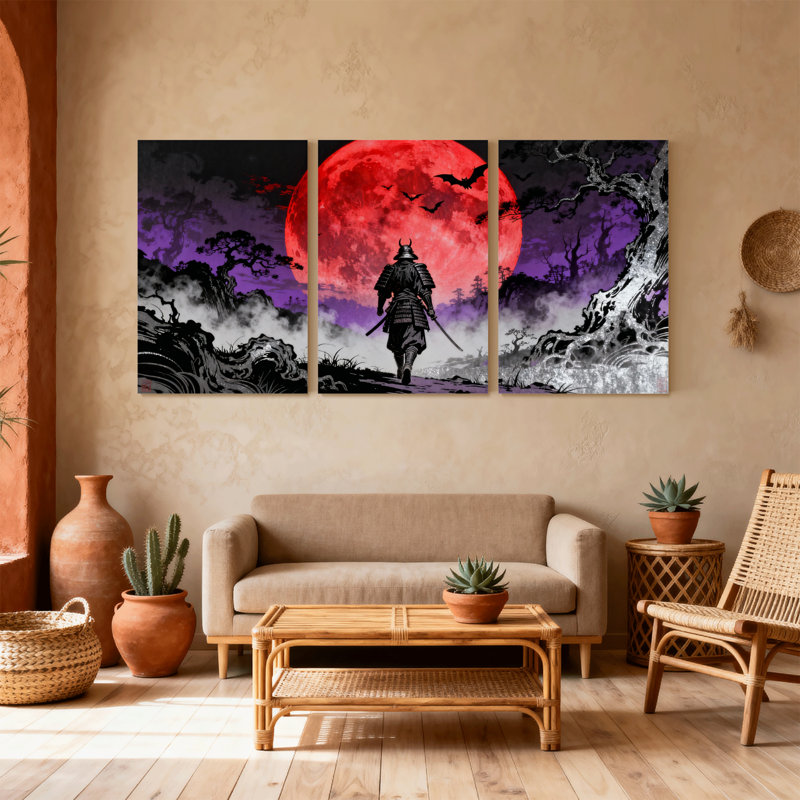 Samurai Warrior Red Moon Night Landscape Reflection Art, ensemble de 3 impressions sur toile, H 24 po x l 48 po