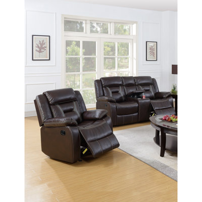 Salon moderne 2 pièces avec fauteuil inclinable, porte-gobelet, accoudoirs rembourrés, revêtement en similicuir brun foncé contemporain, capitonnage horizontal, couleur des accoudoirs