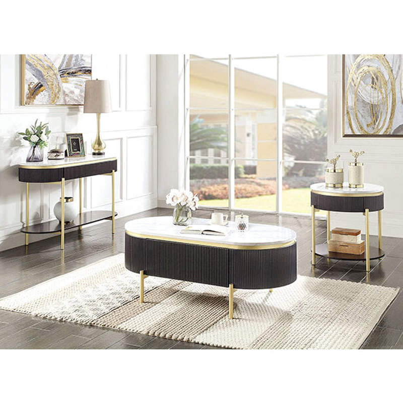 Table de bout moderne avec plateau en noyer foncé et base en faux marbre blanc, garniture dorée, tiroir chic dissimulé