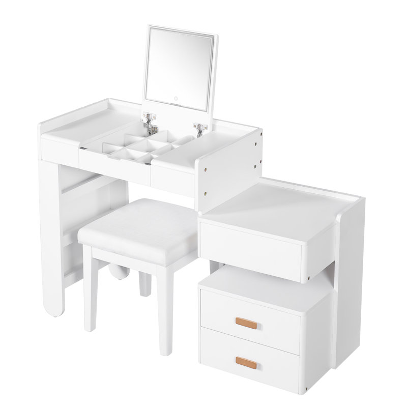 Bureau blanc multifonctionnel avec miroir caché, éclairage réglable de 3 couleurs et tablettes latérales rétractables - s'adapte à votre espace
