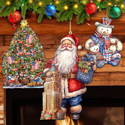 3 Piece American-Inspired Santa Wooden Ornaments