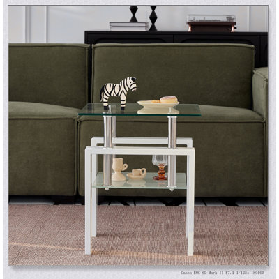 2-Piece White Tempered Clear Glass End Tables With 2-Layer Storage,  For Modern And Compact Living Spaces