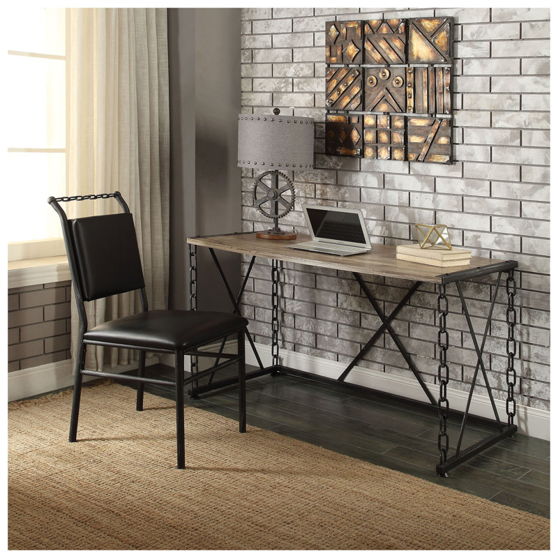 Bureau d'écriture rectangulaire rustique en chêne rustique et noir antique avec base en métal Industrial