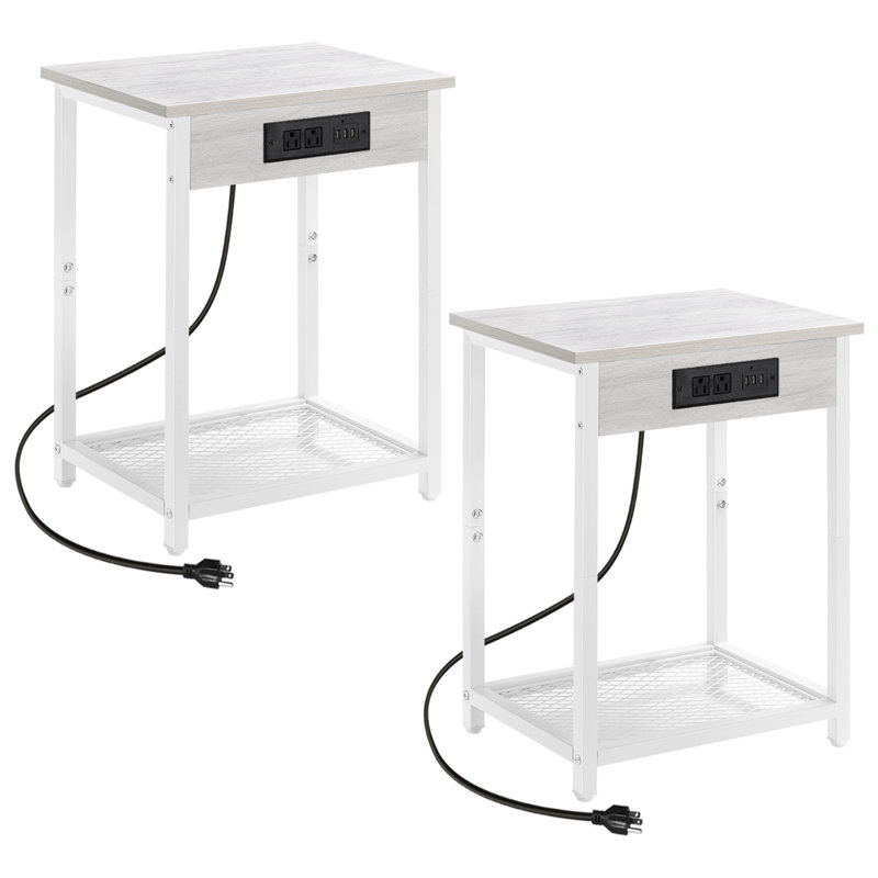 Fika End Table Set and Built-In Outlets, White