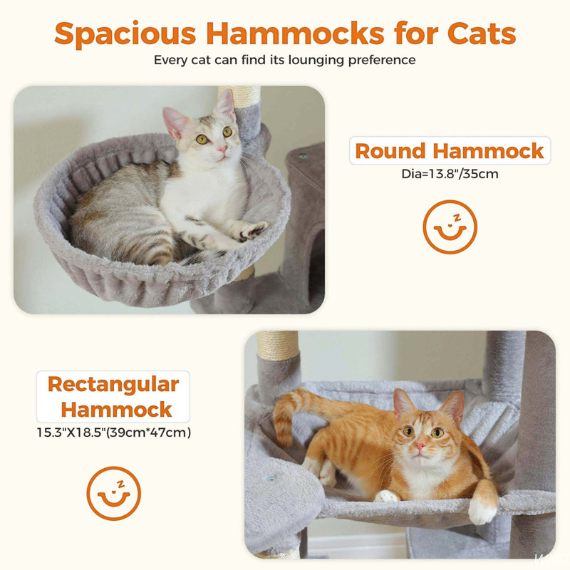 69" Gray Plush Cat Tree Tower with Hammock and Condo