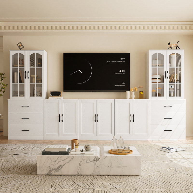Modern Entertainment Center With 3 Tiers Bookshelf For Tvs Up To 70", Farmhouse TV Stand With 3 Storage Cabinets
