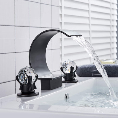 Black Widespread Waterfall Bathroom Sink Faucet 2 Handle 3Hole Basin Mixer Tap