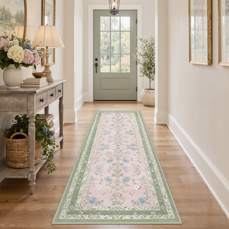 Tapis intérieur rosé / vert / beige Amboy Verdant, lavable à la machine, avec envers antidérapant