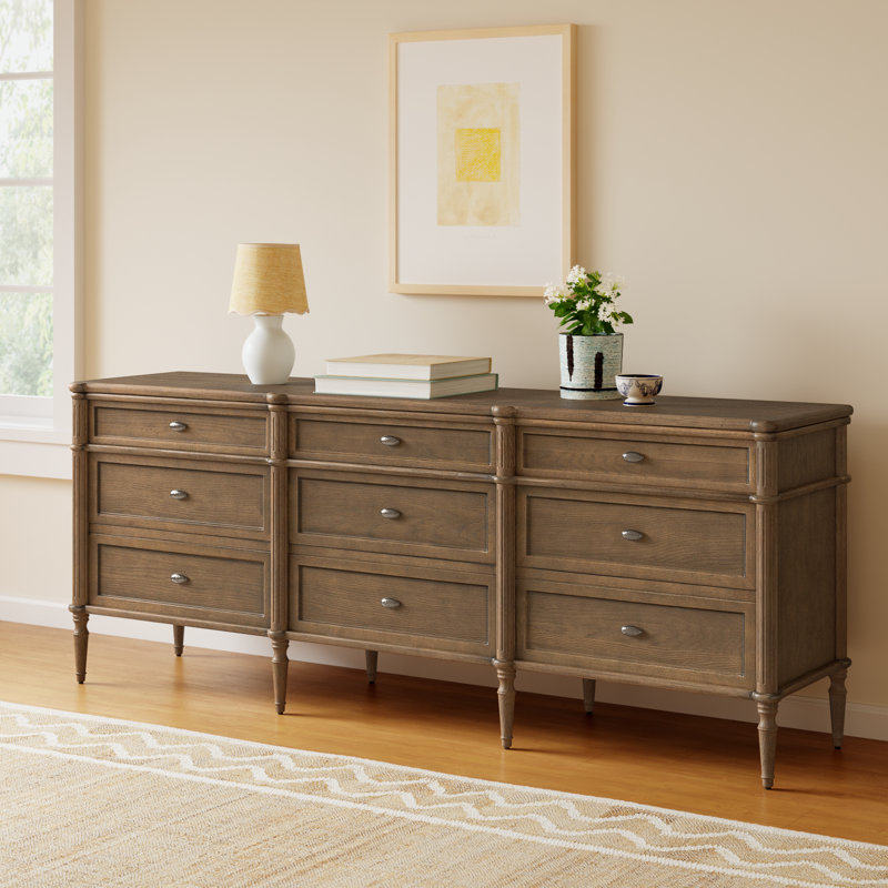 Susie 85" W 9-Drawer Solid Oak Dresser , Toasted Oak