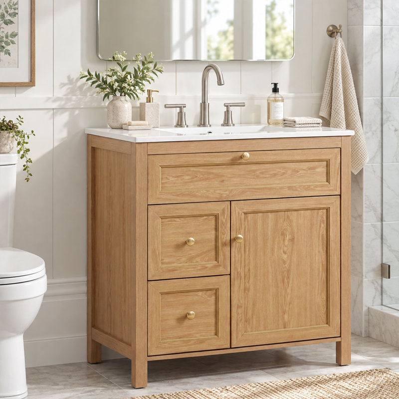 Meuble-lavabo autoportant de 30 po avec lavabo, armoire en bois à fermeture douce, poignées décoratives dorées
