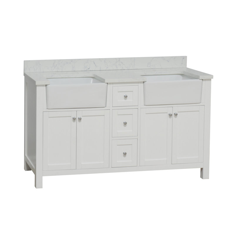 Yorkshire 60'' White Double Farmhouse Bathroom Vanity with Engineered Marble Top