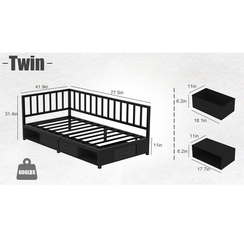 Lit de jour d'angle avec lits simples avec tiroirs de rangement, structure de lit plateforme en métal avec lumière DEL, noir