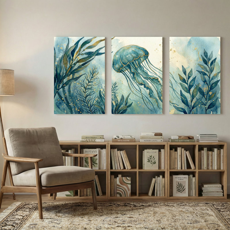 Animaux, méduse, algues, océan, ensemble de 3 reproductions d'art sur toile, H 18 po x l 36 po