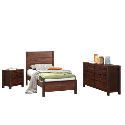Hibir Farmhouse Set Of 3 Items For Bedroom, One Twin Bed, One Double Dresser  And One Nightstand Solid Wood Rustic Style