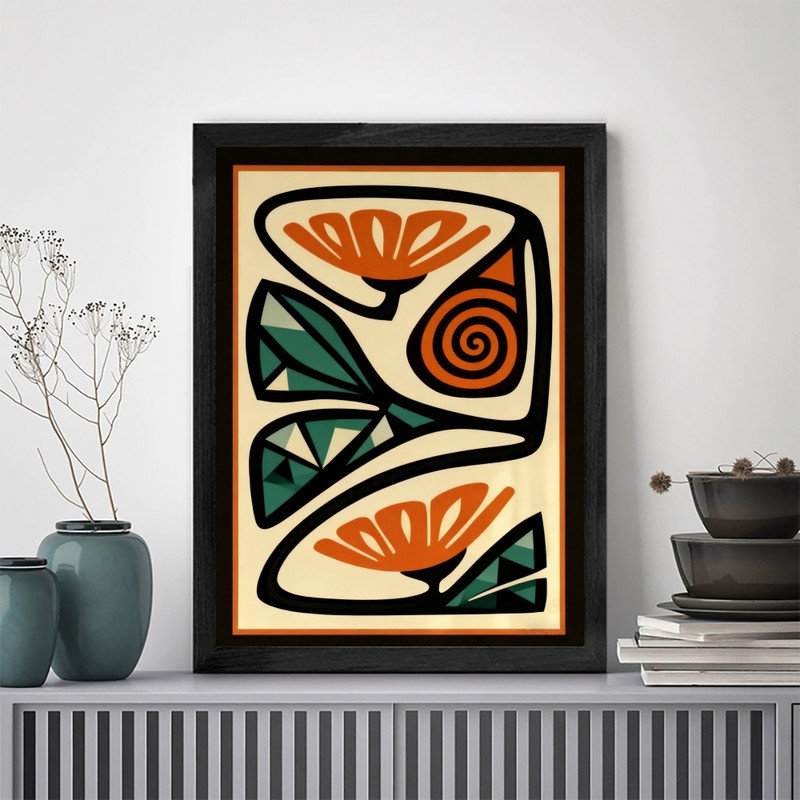 Art mural floral abstrait noir encadré - décorations bohème Mid-Century, H 11 po x l 9 po