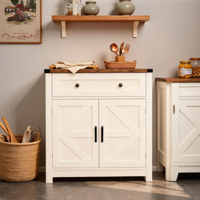 32.68'' H Farmhouse Barn-door Storage Cabinet, Coffee Bar Buffet Sideboard With Drawer For Kitchen & Living Room, White
