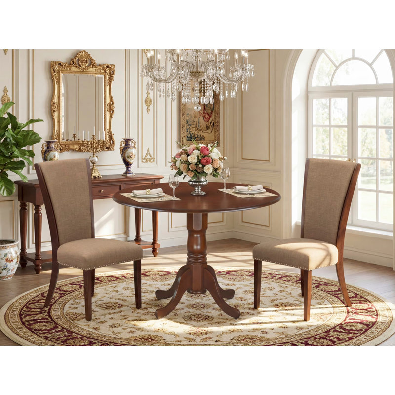 L'ensemble de table de cuisine 3 pièces contient une table de salle à manger ronde avec Dropleaf et 2 chaises rembourrées en tissu de lin sable, acajou