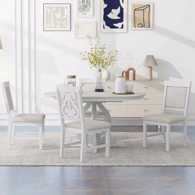 5-Piece Farmhouse Extendable Dining Set: Wood Table (15.7" Leaf) & 4 Upholstered Chairs