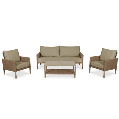 4‑Piece Wicker Patio Conversation Set, Iron Frame Outdoor Furniture Set with Cushioned Back & Seat Cushions, 4 Colors for Backyard Patio Garden