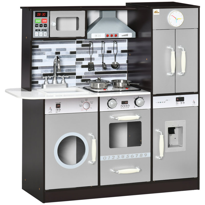 Wooden Play Kitchen with Lights Sounds,  Washing Machine, Water Dispenser, Gift for 3-6 Years Old