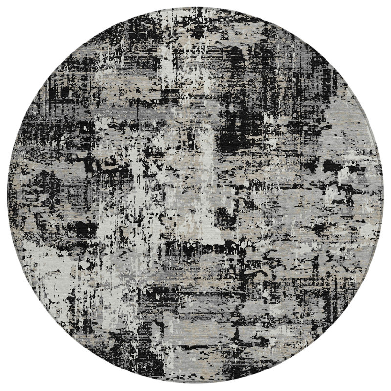 Black Abstract Round Synthetic 8' Washable Area Rug