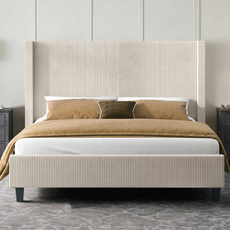Wauseon Corduroy Upholstered Bed, Queen, Cream Corduroy