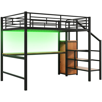 Full Size Metal Loft Bed, Desk, Storage Staircase, Small Wardrobe, Led , , Comfort - Oriented Functional