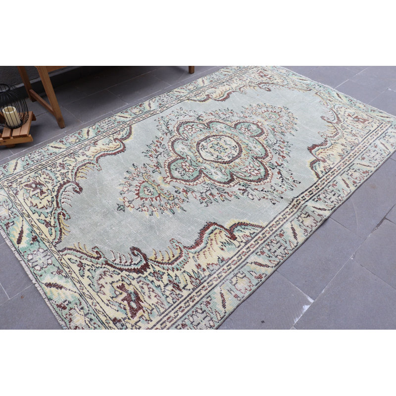 Grand tapis turc Oushak rétro vert pour salon extérieur tribal 6509