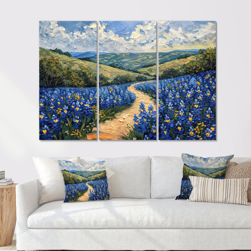 «Blue Green Meadow Charm Blue Bonnets V - Blue Bonnets», ensemble d'art mural, H 28 po x l 36 po, Toile tendue