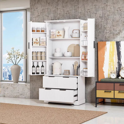 72" Modern Fluted Kitchen Pantry Cabinet with 2 Large Drawers & 8-Door Spice Rack, Freestanding Storage Organizer for Multiple Rooms, White by Lark Manor