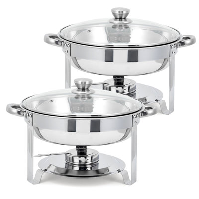 Ensemble de 2 chauffe-plats isothermes en acier inoxydable avec couvercles en verre - Comprend des récipients à nourriture et à eau, des supports à carburant - parfaits pour les fêtes, les mariages et les événements de restauration