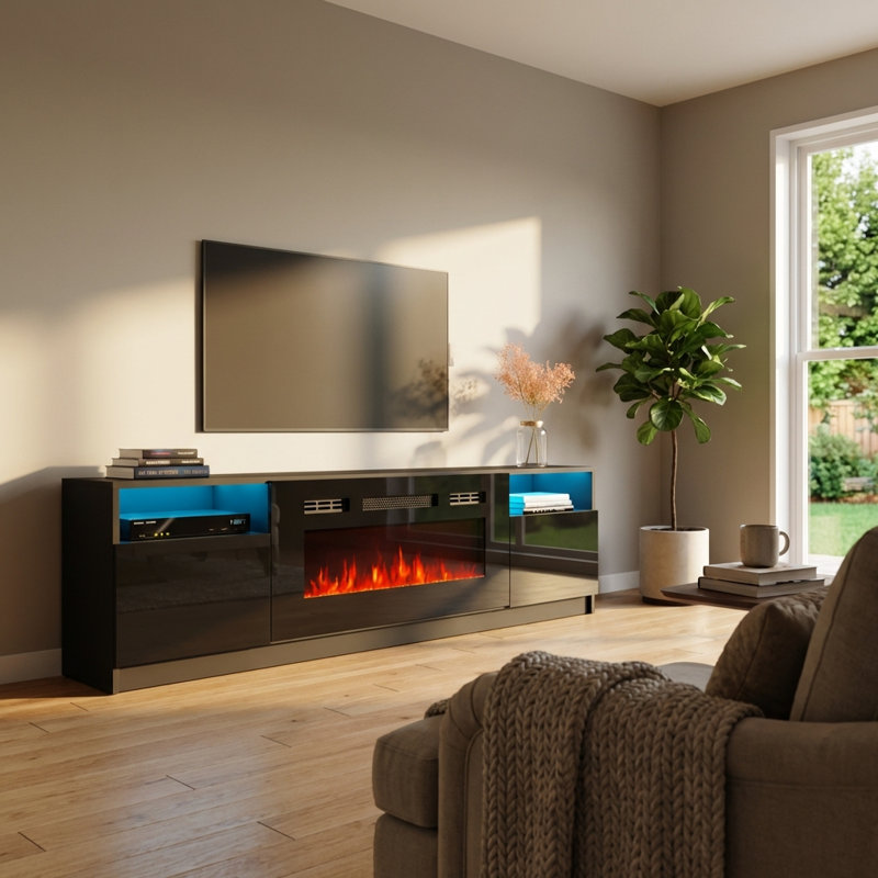 Ortiz 78.7" Modern TV Stand with Electric Fireplace, High Gloss Finish, Media Storage, Black