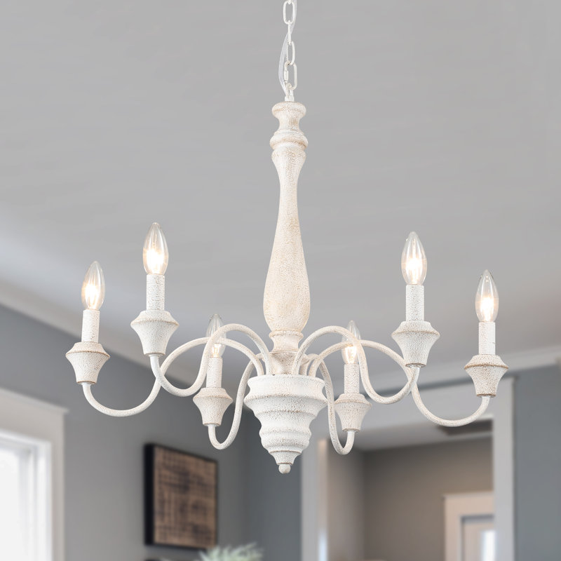 Barina 6 - Light Candle Style Classic Solid Wood Chandelier with Distressed Accents, White