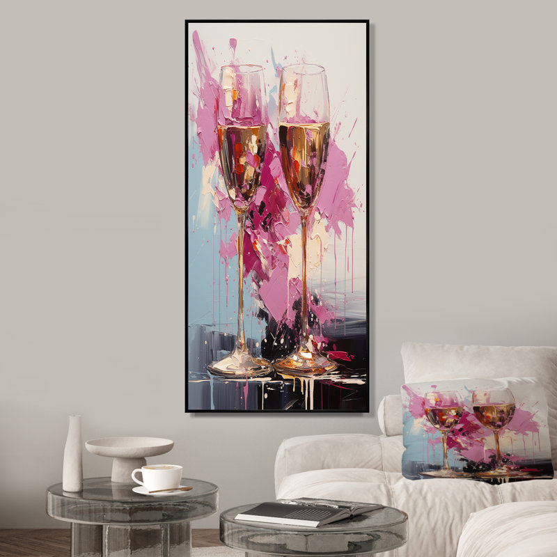 Essence de champagne rose - Champagne, art mural, H 60 po x l 28 po x P 1,5 po, Cadre flottant noir