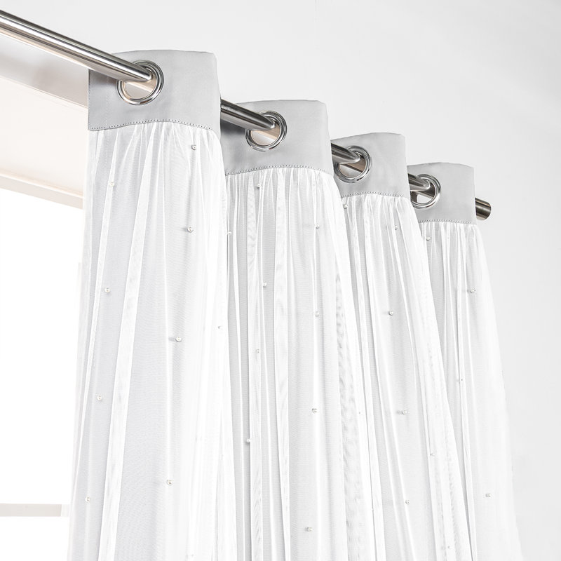 Pearl Beaded Tulle Overlay Room Darkening Grommet Curtains (Set Of 2), 52" W x 96" L , Light Gray