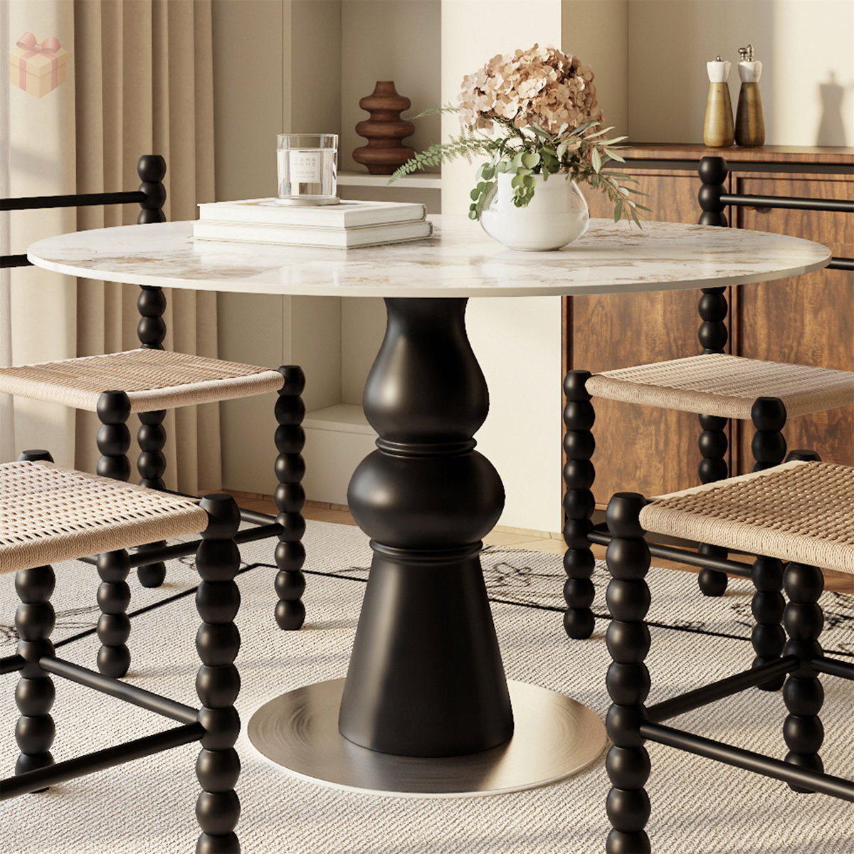 Ivy Bronx Modern Round Dining Table with Sintered Stone Top and Solid ...