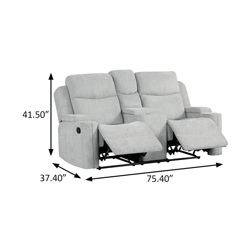 Canapé deux places inclinable de 191,7 cm (75,4 po) avec console et accoudoir de rangement, en chenille gris pâle