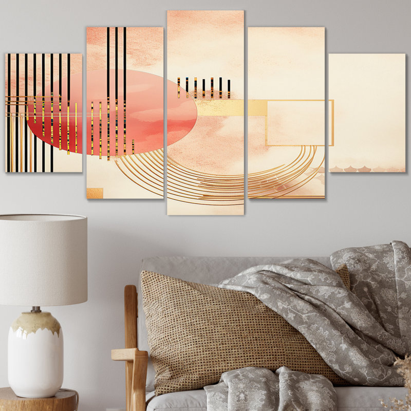  «Lune de sang abstraite, aquarelle rétro III, art mural moderne sur toile géométrique, 5 panneaux