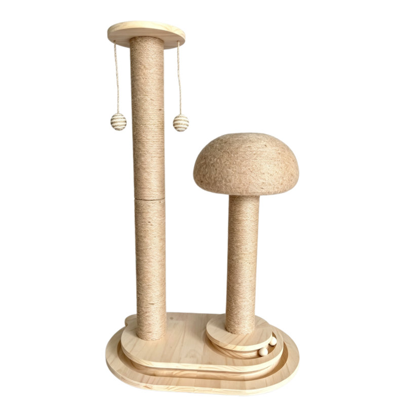 Arbre à chat en bois naturel avec poteaux à griffer en sisal, perchoir à champignon, jouets suspendus et tour d'activité à plusieurs niveaux pour chats d'intérieur